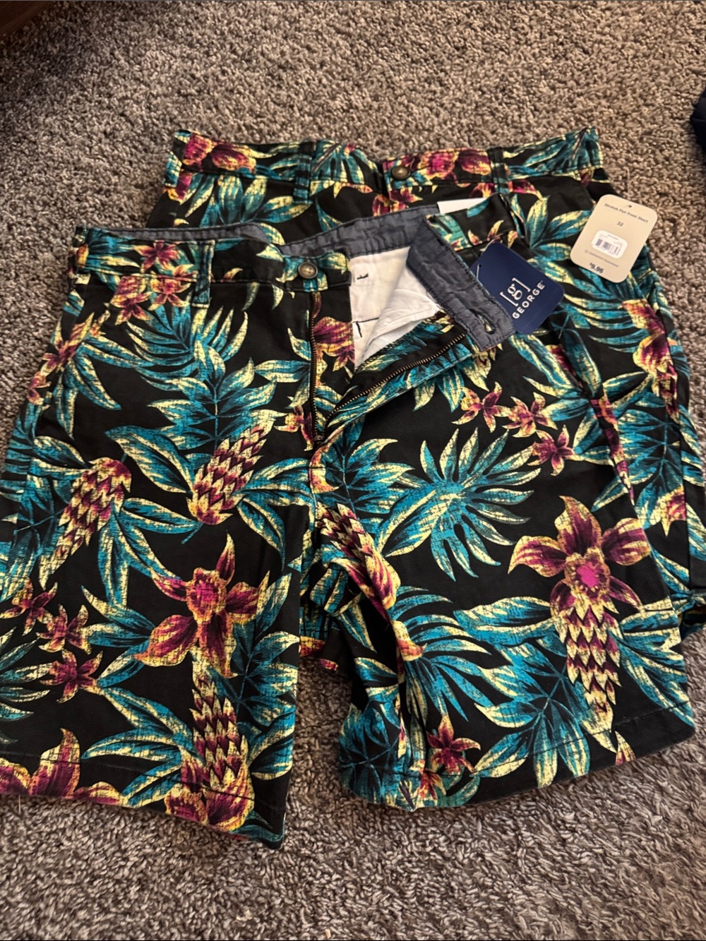 George Men's Black Tropical Print Hybrid Shorts with Teal & Magenta Accents
